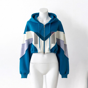 Women Color Blocked Hoodie Zipper <b>Up</b> <b>Cropped</b> Sweatshirt Long Sleeve Hooded Knitted Breathable Autumn Style - Product Image 1