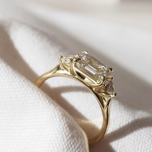 2 TC Emerald Cut Lab Grown <b>Diamond</b> Three Stone <b>Ring</b> East West Setting 14K Yellow Gold Trilliant Side Stones Bridal <b>Ring</b> - Product Image 1