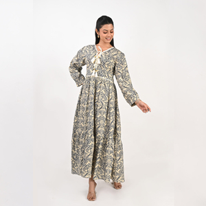 Robe longue bohème imprimée en tissu respirant, col noué, manches cloche, coupe droite, silhouette trapèze, en coton, pour l'été, tenue décontractée - Product Image 2