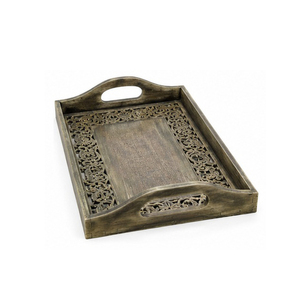 Plateau de rangement rectangulaire en bois, motif floral sculpté, finition polie, style moderne et luxueux, compatible lave-vaisselle, empilable, pour utilisation sur table - Product Image 1