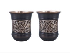 Puer Copper Double Wall Tumbler Set of 2 Handle <b>Straw</b> 250ml Capacity Floral Pattern Curved Design for Ayurveda Health Benefits - Product Image 3