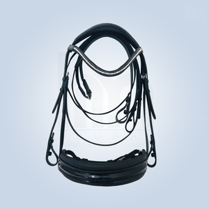 Brida de cuero negro premium personalizada para caballo, ancha, con doble acolchado de neopreno suave, cuero charol, frenteal con cristales ondulados, OEM - Product Image 1