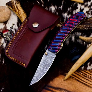 Couteau pliant tactique en acier Damas, manche en bois Pakka, étui de transport vertical, OEM/ODM personnalisé - Couteau de chasse EDC - Product Image 1