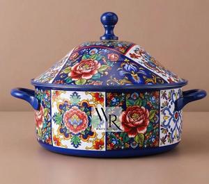 Casserole en acier inoxydable isolée de style arabe avec motif floral en émail, durable, bleue, ustensiles de cuisine de luxe pour la maison et la restauration - Product Image 5