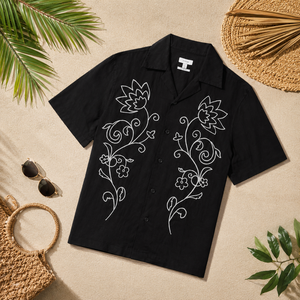 Luxury Men's Black Floral Embroidered Cotton <b>Shirt</b> <b>Half</b> Sleeve Casual Resort Wear <b>Shirt</b> for Men - Product Image 4