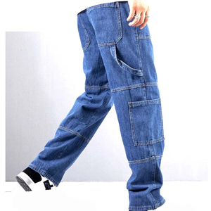 Pantalones Cargo de Mezclilla para Hombre, Corte Holgado, Cintura Media, Color Azul Sólido, Estilo Casual de Trabajo, Jeans de Algodón Tejido para Otoño - Product Image 1