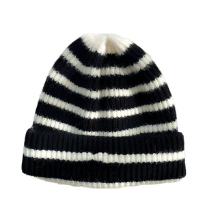 Unisex Striped Knit Beanie Hat 100% <b>Acrylic</b> Winter Warm Casual Cap Black White Color <b>Block</b> Adult - Product Image 1