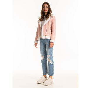 Women's Pink Faux Leather Bomber Jacket With <b>Fur</b> <b>Trim</b> Collar And Cuffs Winter Thick Windproof Coat - Product Image 2