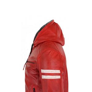 Blouson en cuir à capuche rouge pour homme, nouveau Style bombardier à rayures blanches - Product Image 2