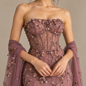Vestido de Noche Sirena Rosa de Satén con Adornos, Sin Tirantes, Malla, Cintura Natural, Transparente, para Fiesta, Boda, Banquete - Product Image 4
