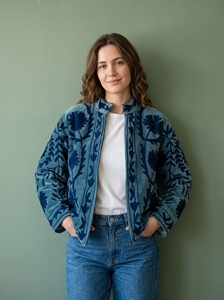Blue Floral Embroidered <b>Velvet</b> Cotton Breathable Woven <b>Jacket</b> Suzani Style Outerwear <b>for</b> <b>Women</b> - Product Image 2