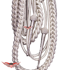 Cordones de hombro trenzados plateados tipo aiguillette, aiguillette retorcida con punta metálica plateada - Product Image 3
