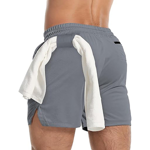 Shorts de sport pour homme gris à séchage rapide avec cordon de serrage, couleur unie, taille mi-haute, décontractés, en polyester tricoté - Product Image 2