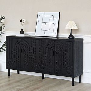Mobiletto Moderno Nero con Dettagli in Legno e 4 Ante, Credenza Autoportante per Camera da Letto e Soggiorno - Product Image 2
