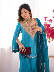 Conjunto de Kurta y Palazzo de Seda Bordada para Mujer con Dupatta |   Traje Étnico Premium para Fiestas - Product Image 2