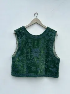 Gilet court sans manches en velours vert respirant avec broderie florale pour femme, style automne, motif blazer - Product Image 3