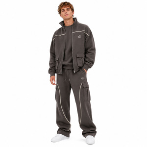 Men's Stand Collar Zip Up <b>Track</b> <b>Jacket</b> Oversized Pipied Hoodies Custom Cargo Pocket Wide Leg Sweatpants Sets Heavyweight Cotton - Product Image 1