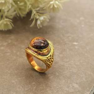 Vintage Boho <b>Tiger</b> <b>Eye</b> <b>Ring</b> Handcrafted 14K Gold Plated Brass Unisex Statement Jewelry - Product Image 4