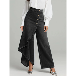 กางเกงเดนิมทรงปาลาซโซ่เอวสูงติดกระดุมแบบไม่สมมาตรสำหรับผู้หญิง - Product Image 3