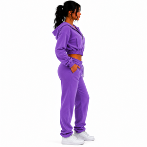 Ensemble sweat à capuche court brodé zippé et pantalon de survêtement long en molleton 100 % coton de couleur unie pour femme - Product Image 3