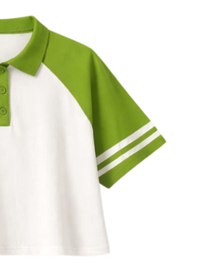Customized Green And <b>White</b> Women Cropped Polo T <b>Shirt</b> Raglan Sleeve Striped Sleeve Casual Cotton Top Button Placket Summer Tee - Product Image 2