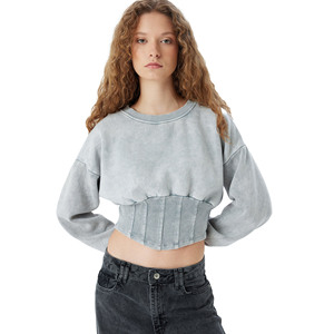 Sudadera Corta Oversize de Felpa 100% Algodón para Mujer, Manga Larga, Diseño Liso con Insignia Frontal y Forro Cálido - Product Image 3