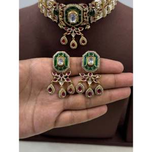 Sharvari Premium Moissanite Gold Plated Bridal Choker and Earring Set - Product Image 4