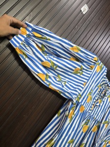 Blue White Striped <b>Lemon</b> Print Cotton Full Sleeve Floor-Length <b>Dress</b> Empire Waist A-Line Romantic Club <b>Dress</b> Adult Style - Product Image 4