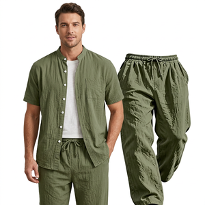 Ensemble de pyjama en satin de coton vert uni pour homme, chemise à manches courtes et pantalon long, respirant, décontracté, pour l'été, coupe ample, anti-rétrécissement, 140g - Product Image 4