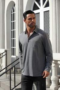 Chemises polo décontractées pour hommes, classiques, à manches longues, basiques, à boutons, en coton léger, avec poche, pour le golf - Product Image 3