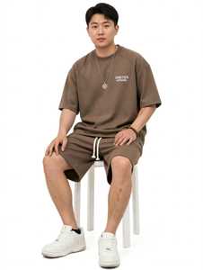 ONETEN <b>Men</b> Regular Fit <b>Short</b> Sleeve Jersey T-Shirt and <b>Shorts</b> Set Crew Neck Back Logo Two Piece Outfit 200 Grams <b>Brown</b> - Product Image 5