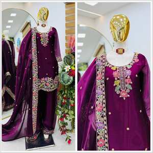 NUEVO SALWAR KAMEEZ DE DISEÑO MODERNO PARA FIESTAS, CON TOP, PALAZZO Y DUPATTA, TRABAJO EN RELIEVO, MANGAS COMPLETAS - Product Image 1
