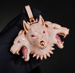 Collier pendentif loup à trois têtes de luxe, serti de moissanite, bijoux animaliers hip-hop, pendentif personnalisé - Product Image 3