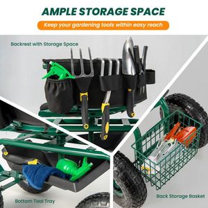 Adjustable Height Swivel <b>Seat</b> Rolling Garden <b>Storage</b> Cart with <b>Storage</b> Basket - Product Image 4