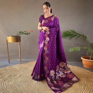 FANCY BANARASI SILK GOLD SILVER WITH COPPER ZARI WEAVING WORK SAREE WITH UNSTITCHED BLOUSE <b>WINE</b> - Product Image 1