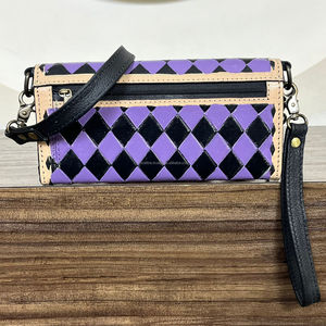 New Fashion Luxury Ladies Hand Tooled Checkered Leather Long Trifold Hand Clutch Bag <b>Mini</b> Shoulder Handbag Evening Bag for Party - Product Image 6