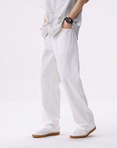 <b>Men's</b> <b>White</b> Cotton Oxford Casual Pants Straight Fit Mid Waist Button Closure Lightweight Breathable Summer Wear - Product Image 2