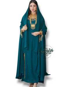 Awais House Women's Spring Ethnic Teal Embroidered <b>Kaftan</b> Floor Length Long Sleeve Solid Elegant Wedding Party <b>Plus</b> <b>Size</b> Dress - Product Image 5