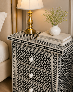 Indian Style Nightstand <b>Side</b> Table Carved Pattern Bedside Cabinet Three <b>Drawer</b> Accent Storage for Bedroom - Product Image 3