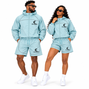 Conjunto deportivo unisex con chaqueta con capucha y pantalones cortos, ligero, de poliéster, de secado rápido, para verano, ropa deportiva informal. - Product Image 2
