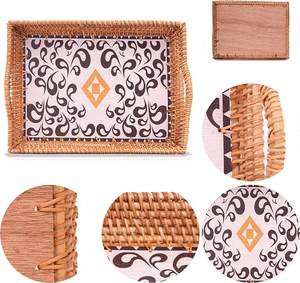 Handwoven Rattan Serving Tray with Printed Base Rectangular Wicker with Handles Stylish Breakfast Tea <b>Coffee</b> <b>Table</b> - Product Image 3