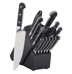 Support de rangement noir pour couteaux de cuisine avec lames argentées, manches noirs rivetés et ciseaux pour trancher le pain et préparer les aliments - Product Image 1