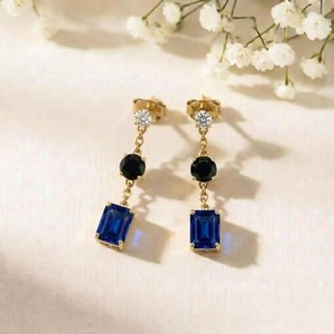 Sapphire Rectangle & Black Obsidian Round Drop <b>Earrings</b> Elegant Minimalist Gemstone Dangle <b>Stud</b> <b>Earrings</b> Handmade Jewelry Gift - Product Image 4