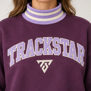 Sudadera de cuello alto para mujer, color ciruela, con ribete a rayas blancas, letras estilo universitario, manga larga, logotipo personalizado - Product Image 5