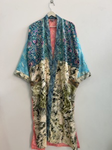 Silk Satin Patchwork <b>Long</b> <b>Kimono</b> Robe Soft and Comfy Summer Spring Dressing Gown with Front Logo - Product Image 1