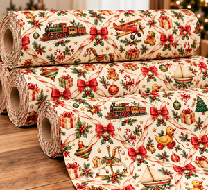 Tissu en microfibre écologique et biologique de poids moyen, motif renne, nœud rouge, pour couture de traine de Noël vintage - Product Image 2