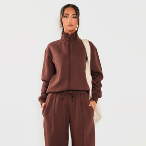 Women <b>Brown</b> Tracksuit Set Full Length Pants With Drawstring Loose Fit Casual Wear 100% Cotton Half-Zip Sweatshirt Solid Color - Product Image 3