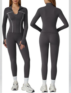 Women's Three Piece Seamless Gym Workout Set Long Sleeve <b>Zip</b> <b>up</b> Yoga Activewear <b>Crop</b> Top Sports Bra Leggings Jacket - Product Image 3