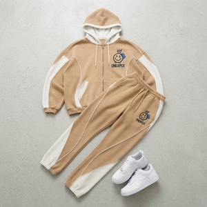 <b>Women's</b> Khaki Zip Hoodie Tracksuit Set <b>White</b> Panel Design Casual Oversized <b>Jogger</b> Pants Two Piece Streetwear - Product Image 5