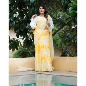 Sari en mousseline jaune citron imprimé numériquement, léger, style bohème, pour fêtes, mariages, plage, cérémonies, ethnique indien, pour femme, de créateur - Product Image 6
